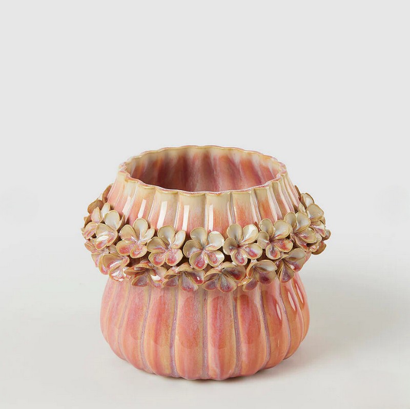 Vaso in ceramica con ghirlanda floreale rosa antico, impermeabile